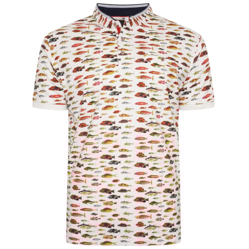 KAM Fish Print Grandad Collar Polo Shirt Ecru